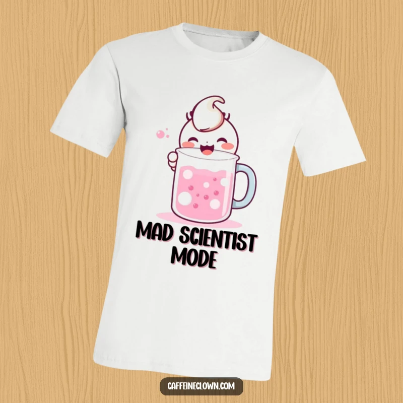 Funny t-shirt featuring a cute kawaii character gleefully mixing bubbling liquids in a large mug, celebrating magical concoctions.