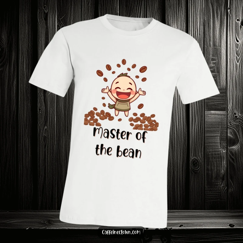 Funny T-Shirt: Character with a wide, happy grin is joyfully juggling a pile of coffee beans, showcasing caffeine delight.
