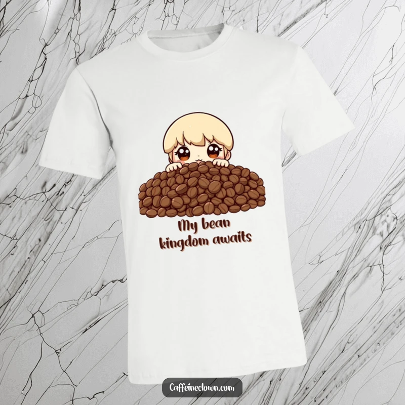 Funny t-shirt depicting a character peeking over a vast mountain of coffee beans with wide, excited eyes, expressing pure coffee adoration.