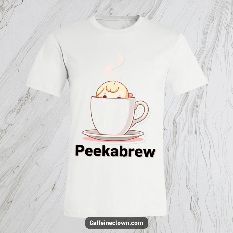 Funny T-Shirt: Tiny character peeking out inquisitively from behind a steaming coffee cup, a delightful surprise.