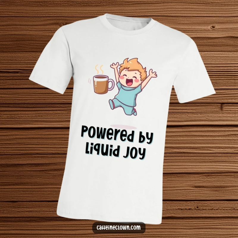 Funny t-shirt showing a happy figure leaping mid-air, a coffee mug hovering beside them, symbolizing ecstatic coffee enjoyment.