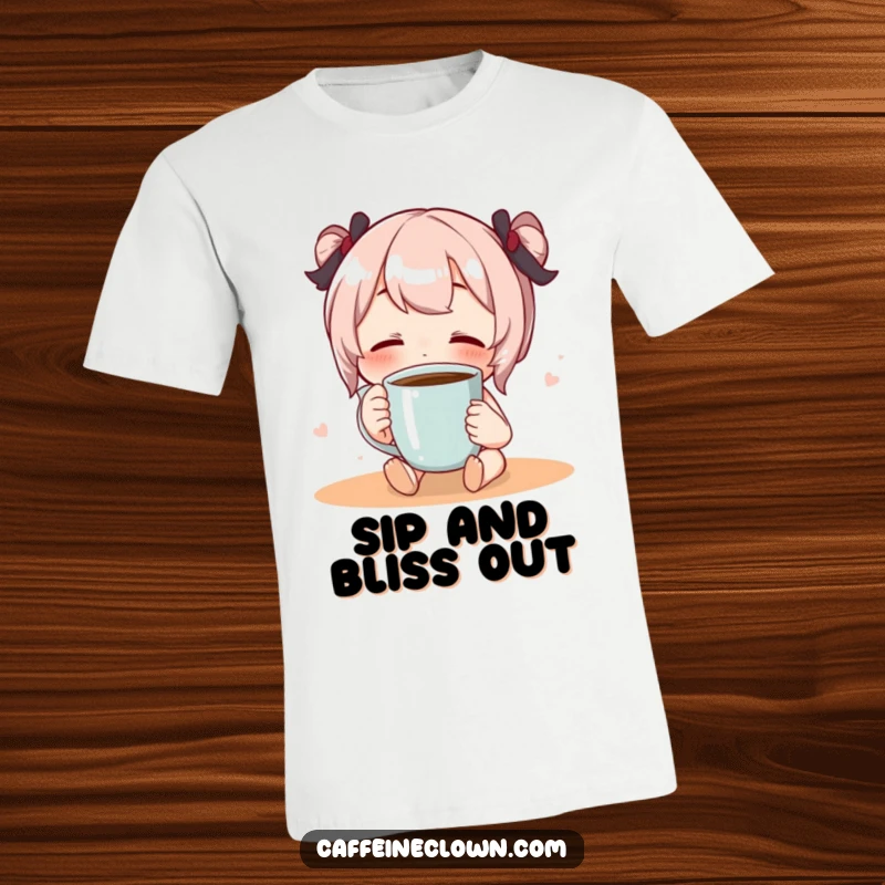Funny t-shirt featuring a character sipping coffee with eyes closed in pure, blissful satisfaction.