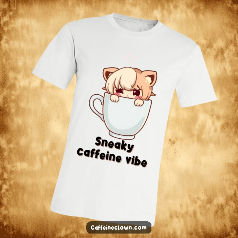 Funny t-shirt design of a character peeking with a sly, mischievous smile from behind a hot, steaming coffee cup.