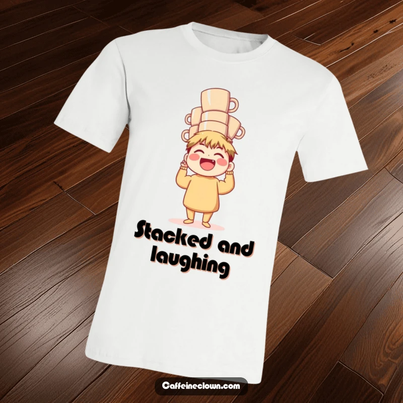 Funny T-Shirt: A character joyfully laughs while balancing a comically tall stack of coffee mugs, celebrating caffeine.