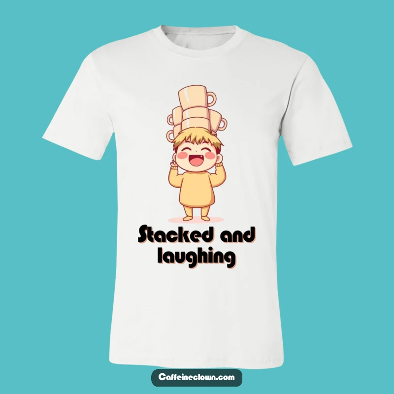 Funny Coffee Mug Stack T-Shirt: Laughing Balancer, Awesome Funny Gift for Coffee Addicts