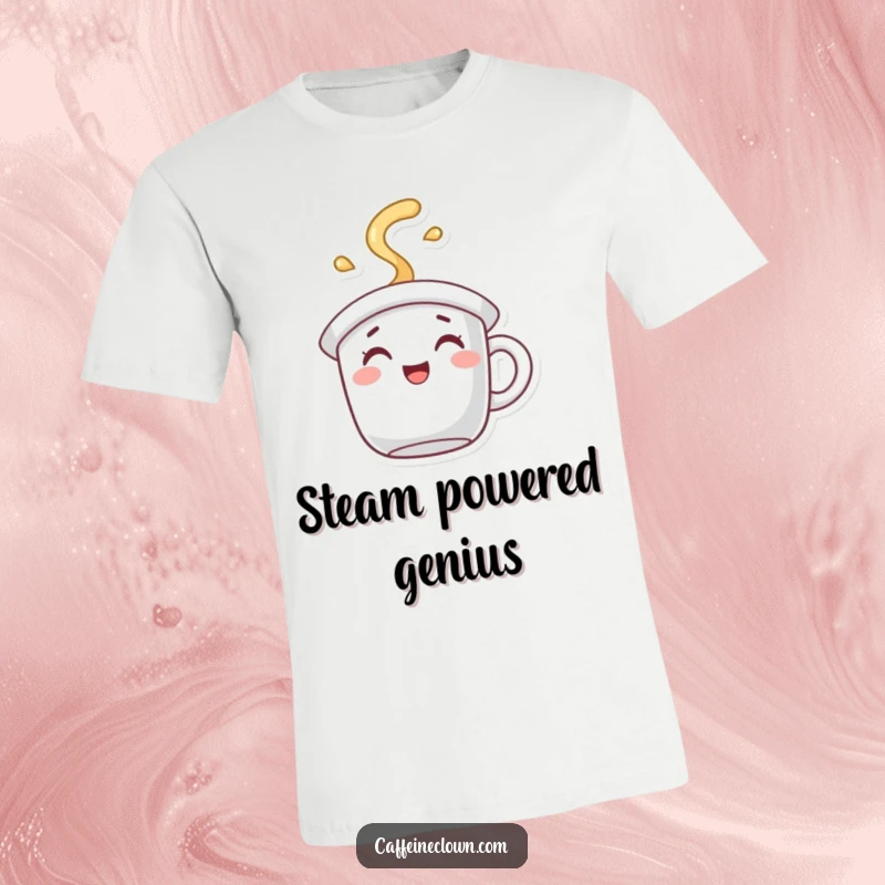 Funny T-Shirt depicting a character with a coffee mug hat, releasing joyful steam, ideal for casual wear.