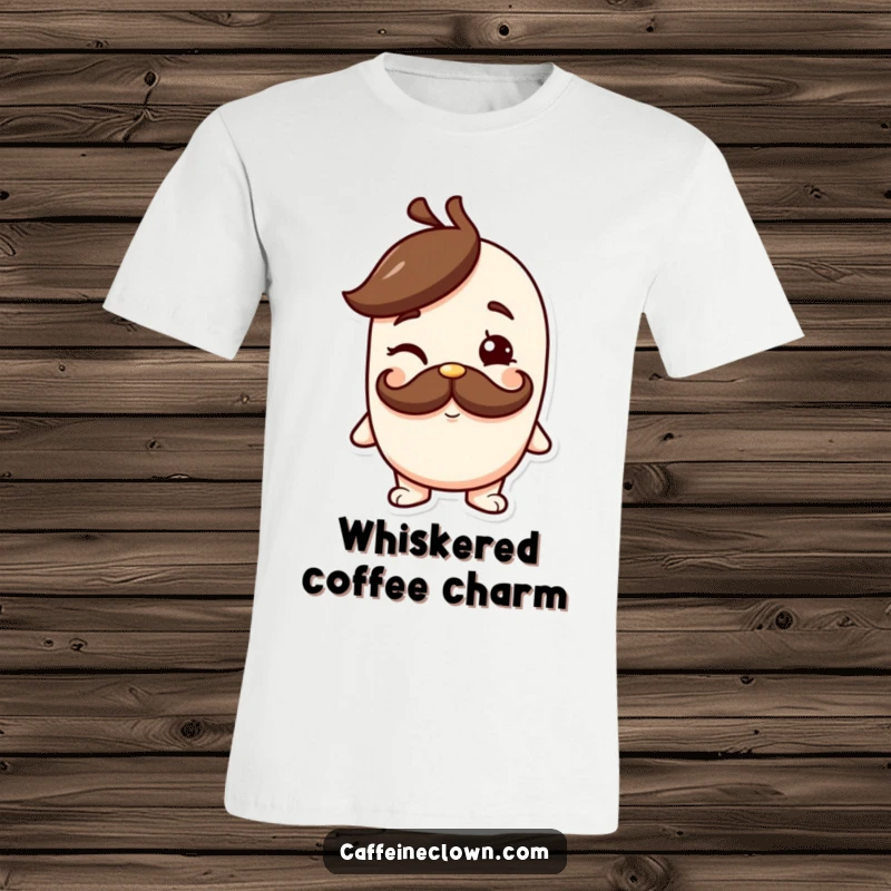 Funny t-shirt design of a character with a distinct coffee mustache giving a playful, knowing wink, exuding charm and coffee-fueled confidence.