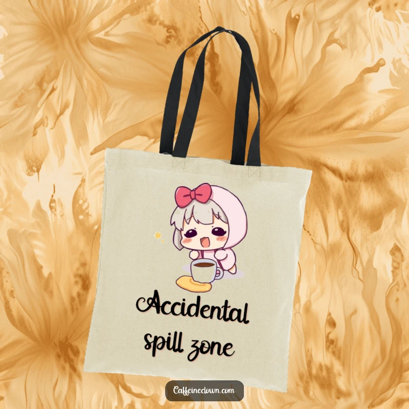 Funny tote bag depicting a character tripping and spilling a tiny coffee cup, with a cute surprised blush.