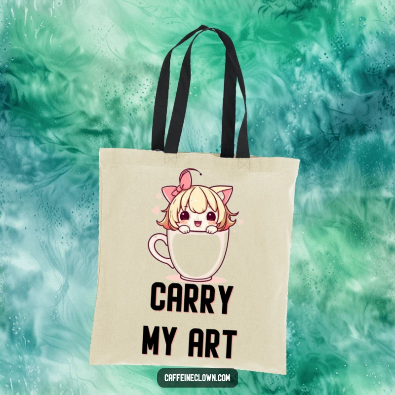 Funny tote bag with a cute character adorning a coffee cup with a playful flourish, perfect for everyday use.