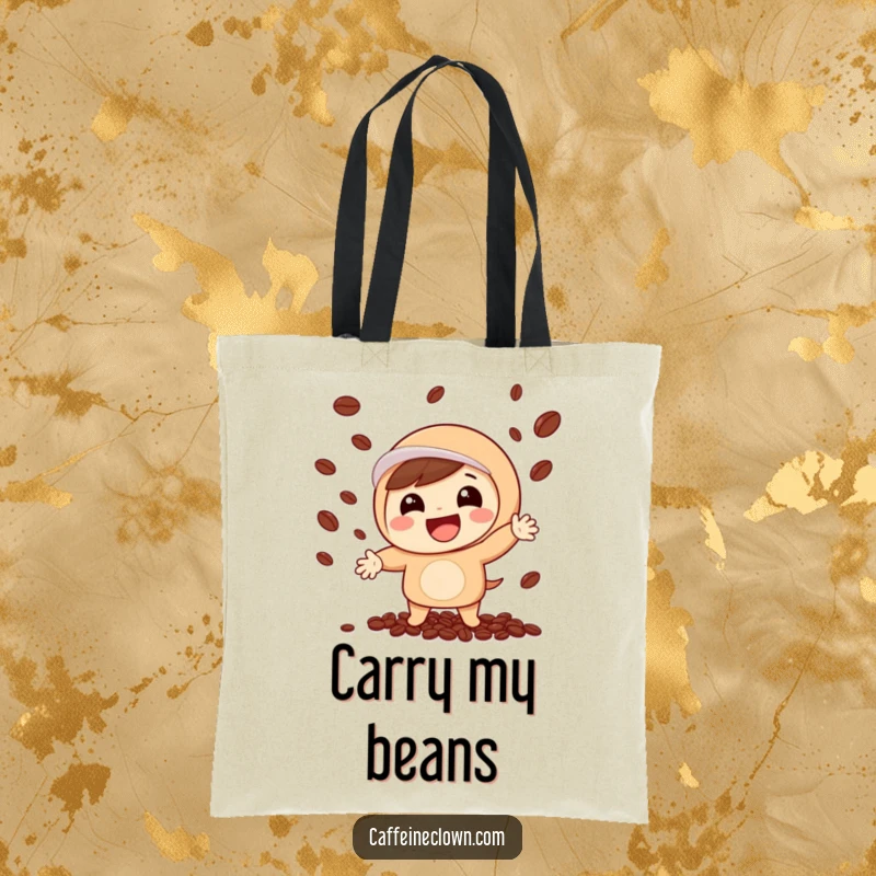 Funny tote bag with a happy character juggling coffee beans, ideal for grocery runs or carrying daily necessities with a smile.