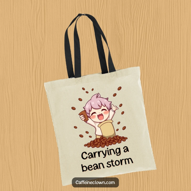 Funny tote bag showcasing a character enthusiastically shaking a coffee bag, scattering beans with visible joy and excitement.