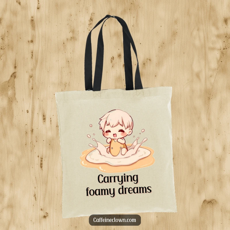 Funny tote bag illustrating a character gleefully splashing in a vibrant latte art puddle, perfect for coffee enthusiasts.