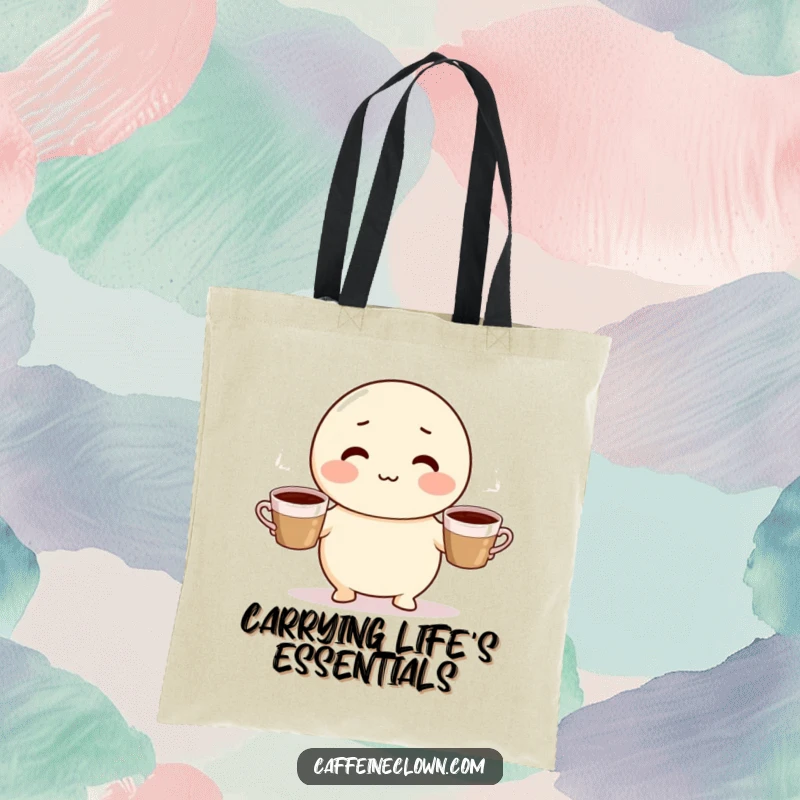 Funny tote bag featuring a cute, round character with rosy cheeks masterfully juggling three steaming coffee cups, ready for adventure.