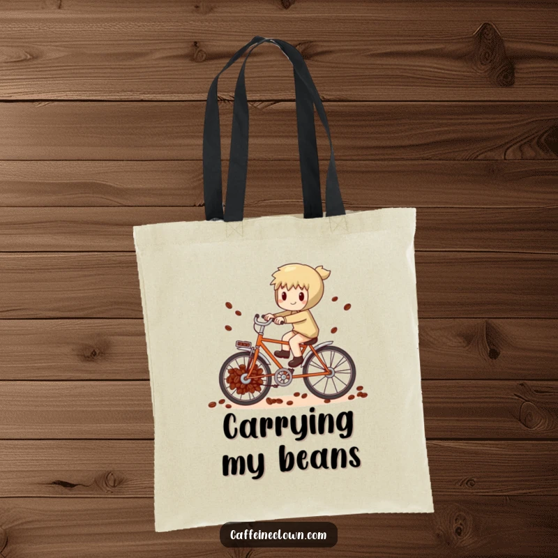 Funny whimsical character pedaling a bicycle powered by coffee beans on a durable and spacious tote bag.