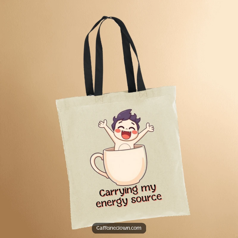 Funny tote bag depicting a character joyfully leaping out of a coffee mug, ideal for carrying daily items with humor.
