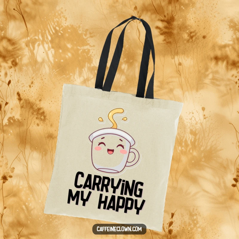 Funny Tote Bag with a character dressed in a coffee mug hat, spilling joyful steam, perfect for shopping.