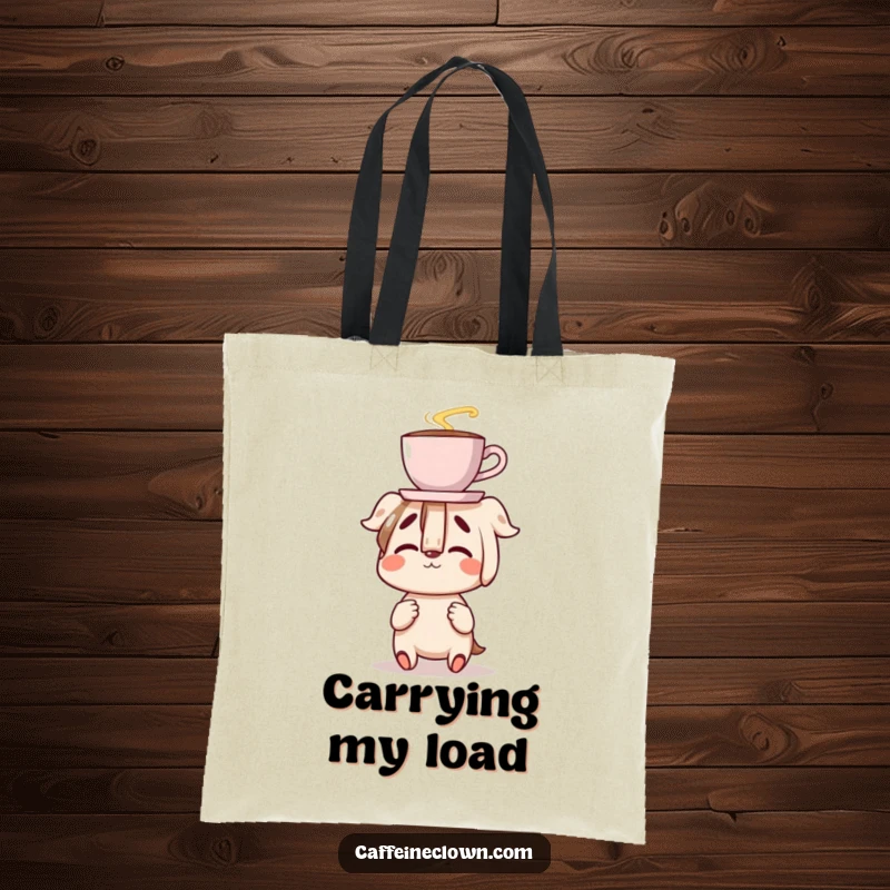 Funny tote bag with a character clumsily balancing a coffee cup on their nose, perfect for carrying essentials with a humorous, clumsy vibe.