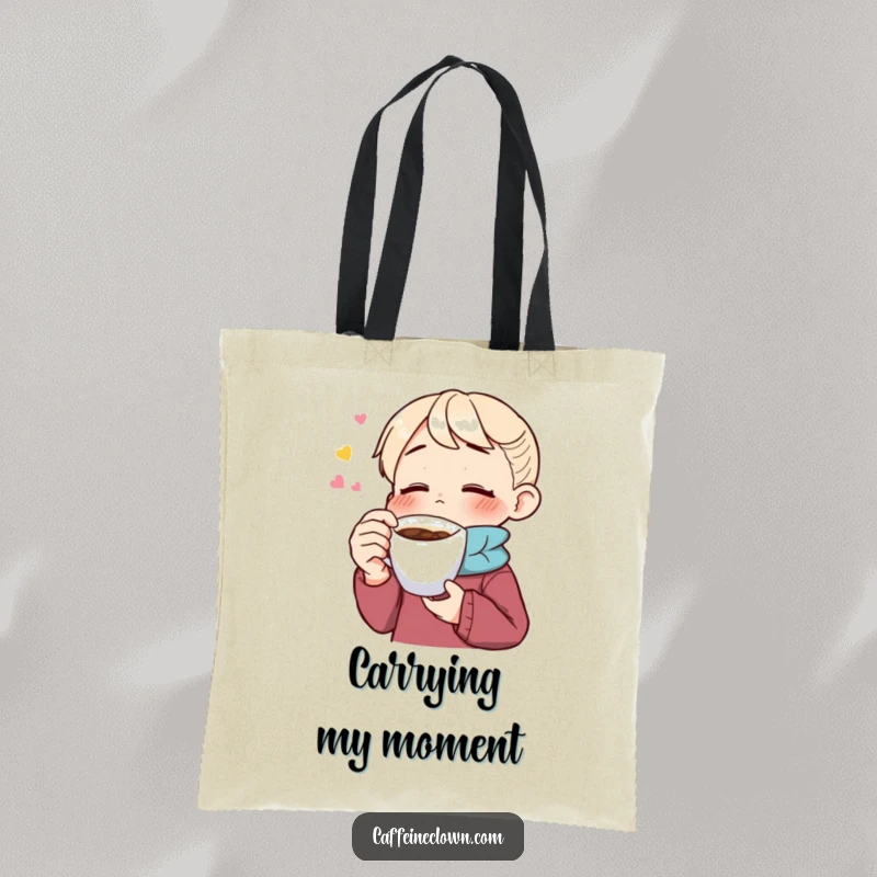 Funny tote bag with a character savoring coffee with eyes closed, ideal for carrying daily items while expressing a love for coffee.