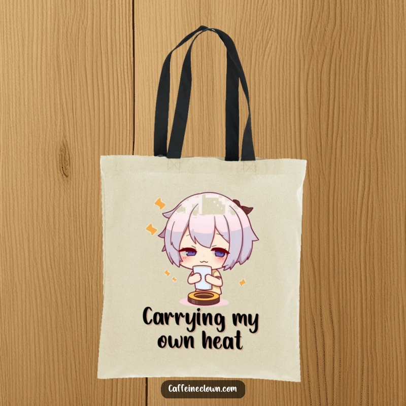 Funny tote bag with a cute character fanning themself dramatically, conveying an overheated and slightly flustered mood, coffee theme.