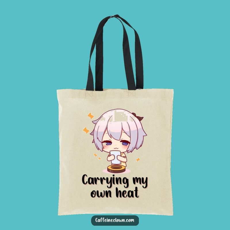 Funny Coffee Tote Bag: Cute Overheated Character Fanning, Carry Your Heat Hilariously!