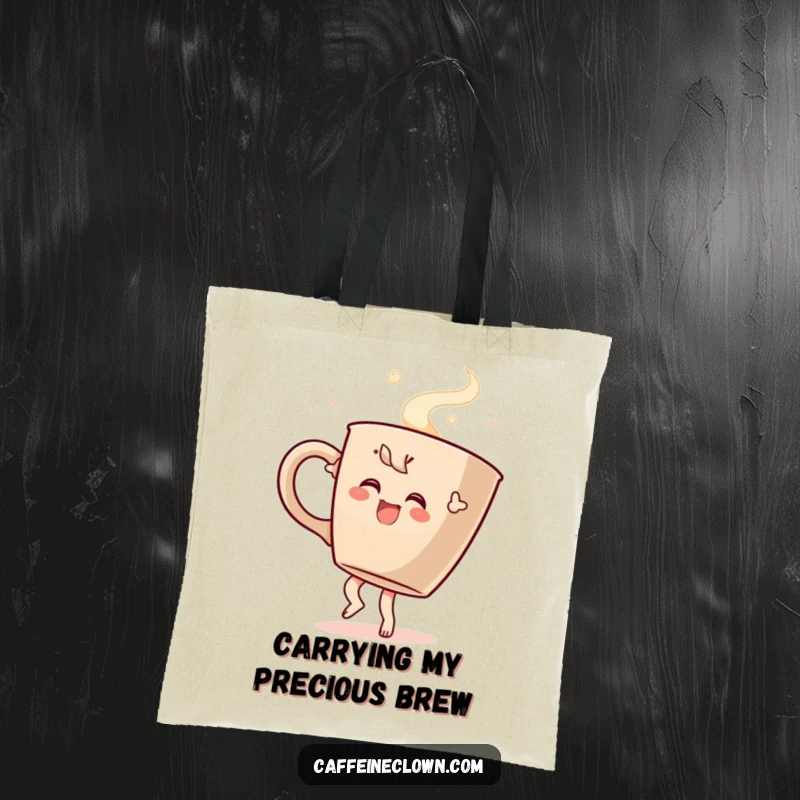 Funny tote bag featuring a character doing a happy dance with a giant steaming coffee cup, ideal for carrying daily essentials with a smile.