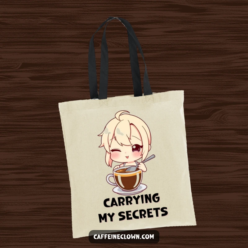 Funny Tote Bag: Character winks playfully while stirring coffee, adding a touch of mystery and humor to this practical bag.