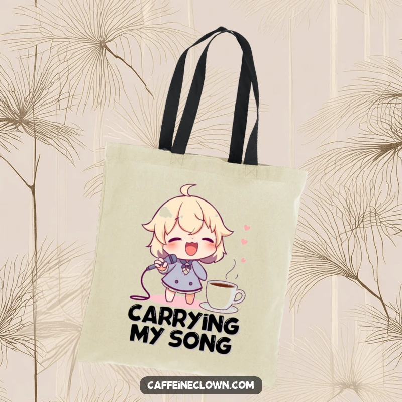 Funny tote bag with a character singing into a spoon mic, coffee nearby, perfect for carrying music gear and more.