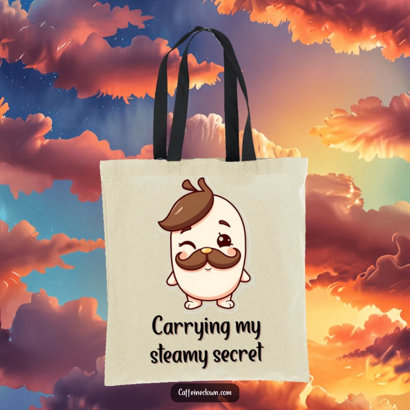 Funny tote bag showcasing a character with a coffee mustache and a cheeky wink, perfect for carrying daily necessities with flair.