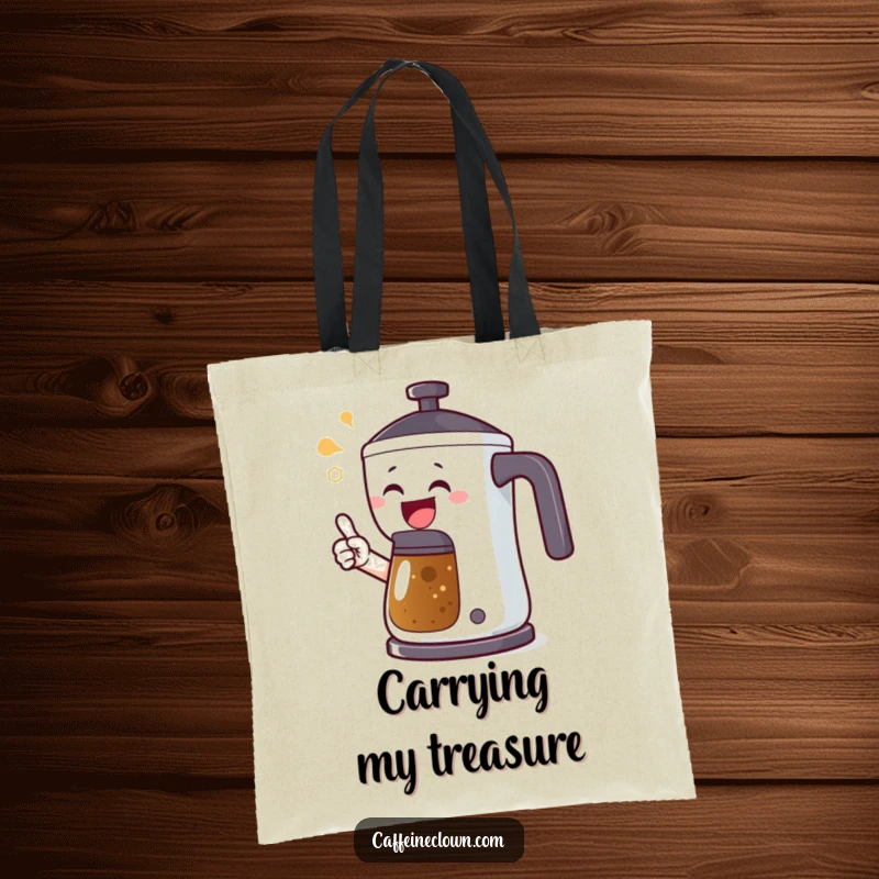 Funny tote bag featuring an excited character pointing at a bubbling coffee pot, perfect for carrying daily items with a coffee-loving flair.