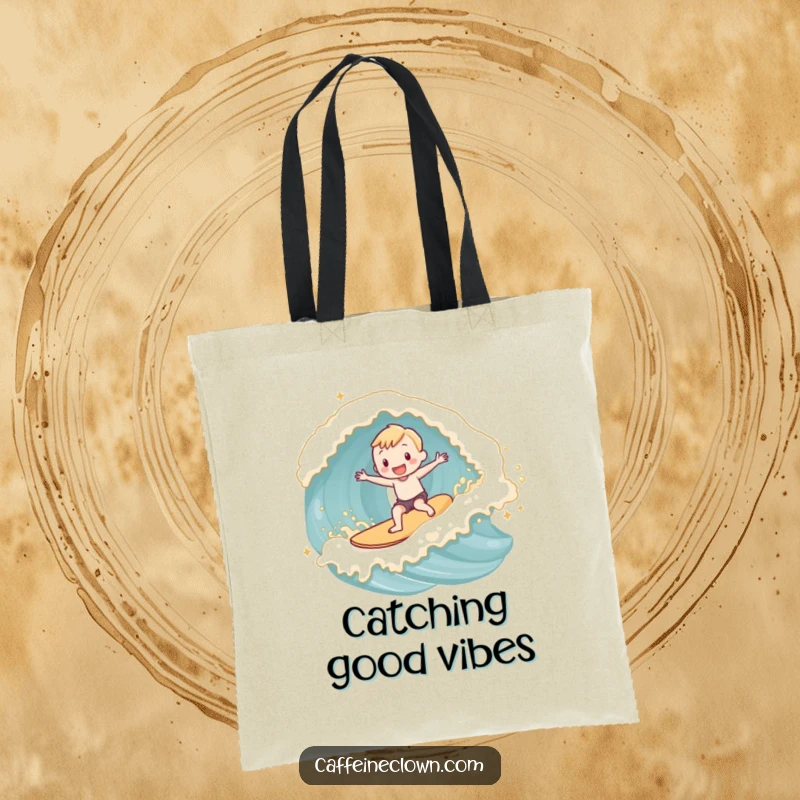 Funny adorable subject joyfully surfing a wave made of latte foam on a durable and spacious tote bag.