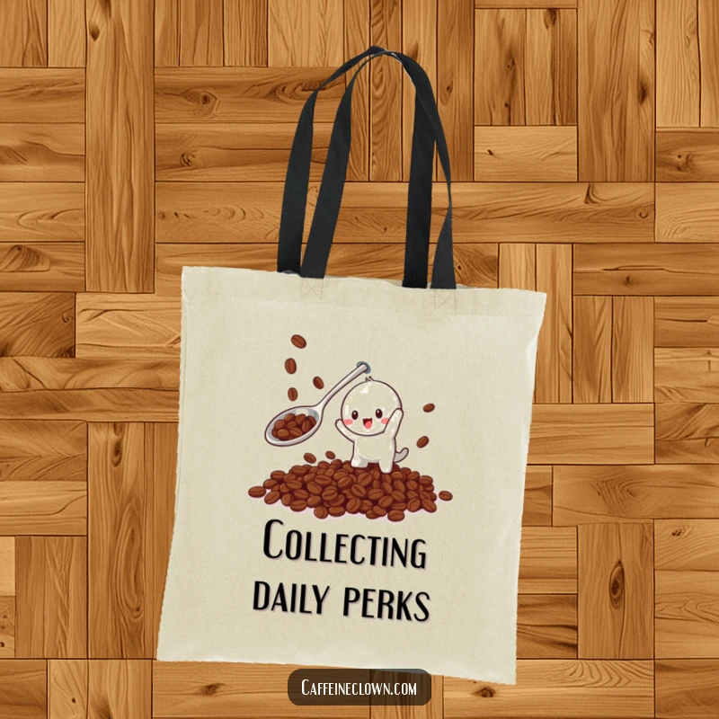 Funny tote bag featuring a playful character with a giant spoon trying to catch falling coffee beans, perfect for coffee enthusiasts.