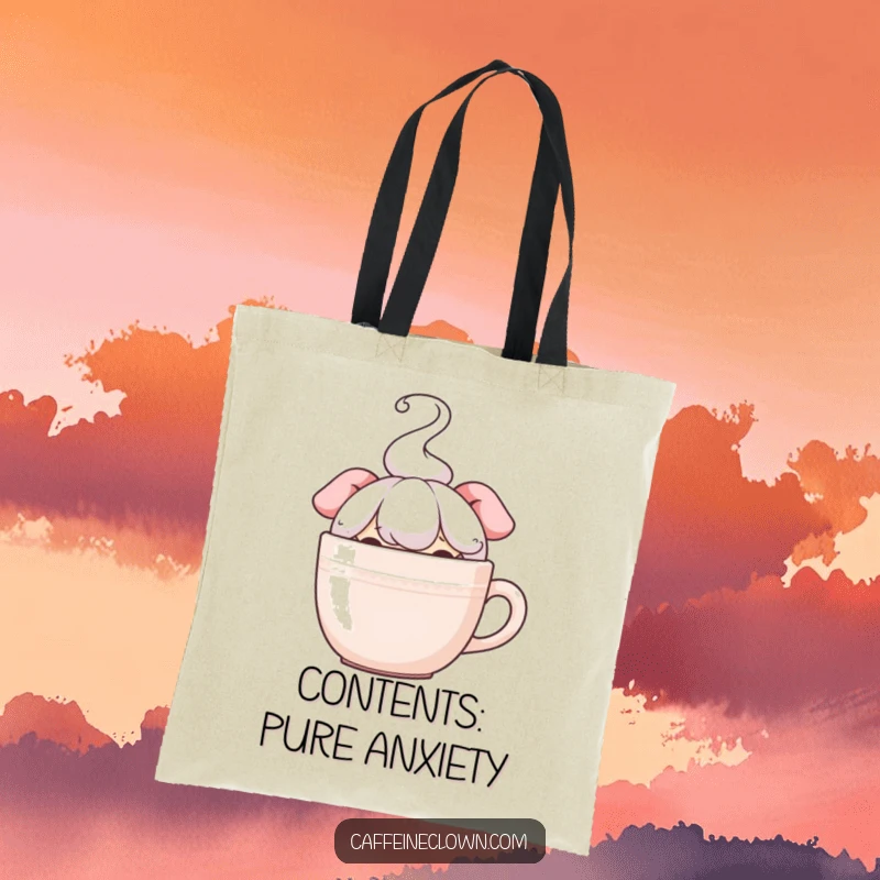 Funny tote bag featuring a character peeking from behind a steaming mug, ideal for carrying coffee essentials with a humorous, stealthy vibe.