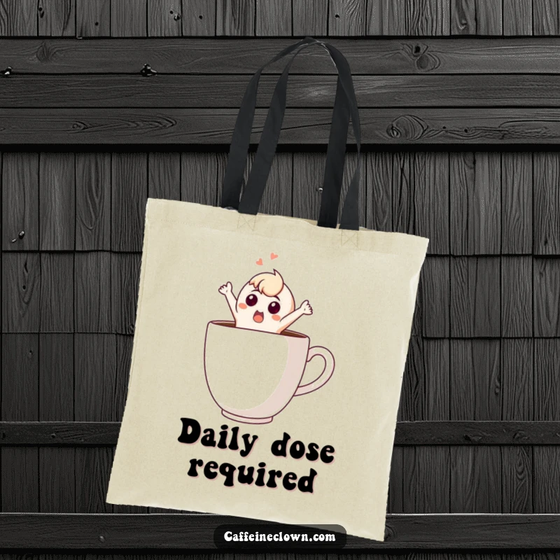Funny Tote Bag: A surprised character dramatically leaps out of a giant coffee cup, making a comical statement about coffee addiction.