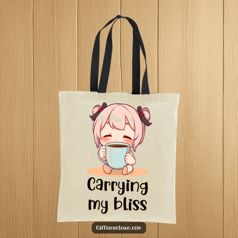 Funny tote bag showing a character sipping coffee with eyes closed in blissful enjoyment, perfect for coffee lovers.