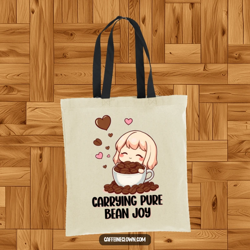 Funny tote bag showcasing a character dreaming of coffee beans and hearts, ideal for carrying coffee essentials humorously.