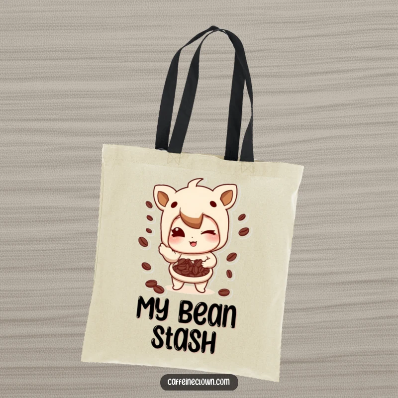 Funny Tote Bag: Character winking playfully while juggling coffee beans, a chic accessory for coffee aficionados.