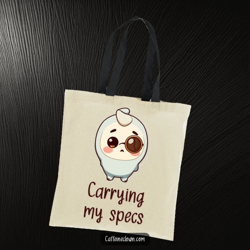 Funny Tote Bag depicting a character wearing a coffee bean monocle, looking surprised, great for shopping.
