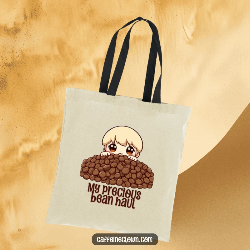 Funny tote bag showing a character peeking over a giant mountain of coffee beans with wide, thrilled eyes, perfect for coffee lovers.