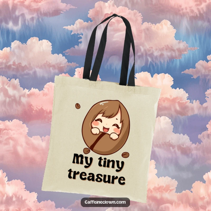Funny tote bag with a character curiously and cheerfully looking at a coffee bean, perfect for carrying essentials with a humorous, coffee-focused vibe.