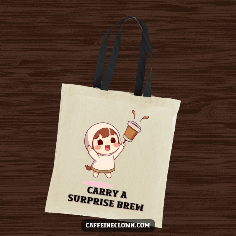 Funny tote bag showing a character with a surprised grin catching a flying coffee cup, perfect for coffee lovers.