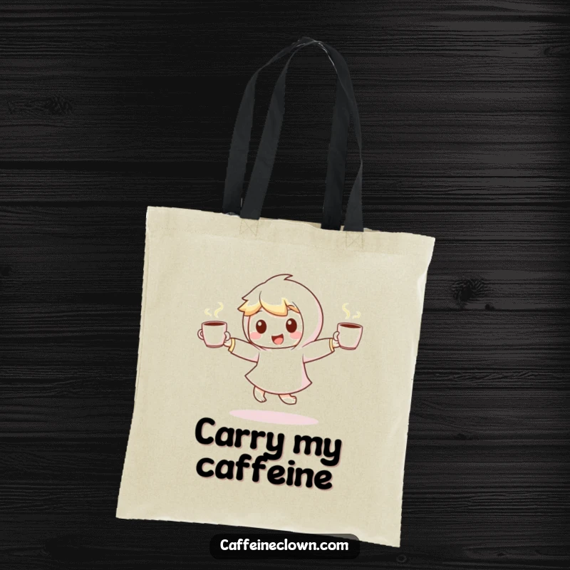 Funny tote bag featuring a small, energetic character dancing exuberantly with two steaming coffee cups, a perfect accessory for coffee lovers.