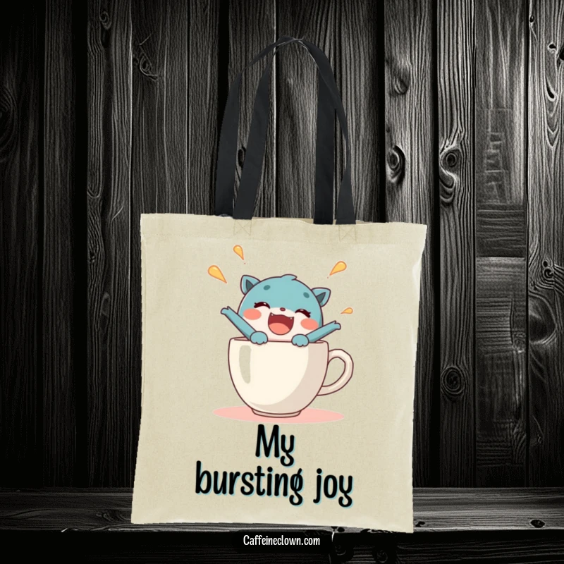 Funny tote bag with a delighted character joyfully bursting out of a steaming coffee cup, perfect for carrying enthusiasm and more.
