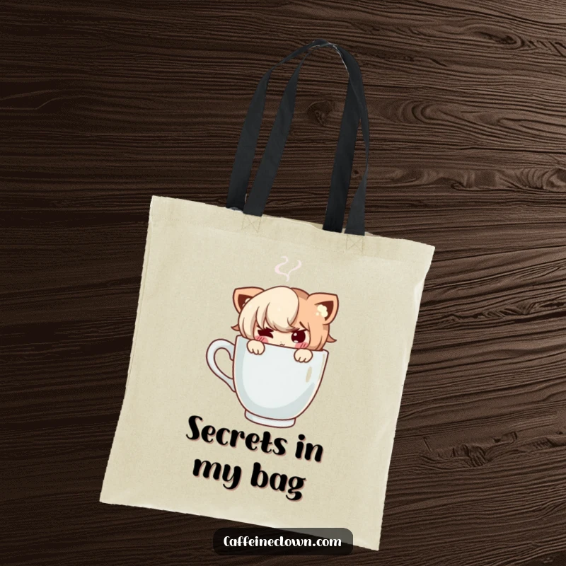 Funny tote bag with a character peeking mischievously from behind a steaming coffee cup, perfect for coffee lovers.