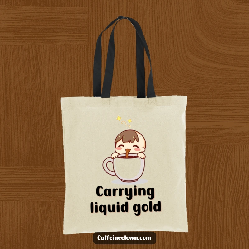 Funny tote bag with a small character joyfully pouring steaming coffee into a mug, a celebration of coffee.