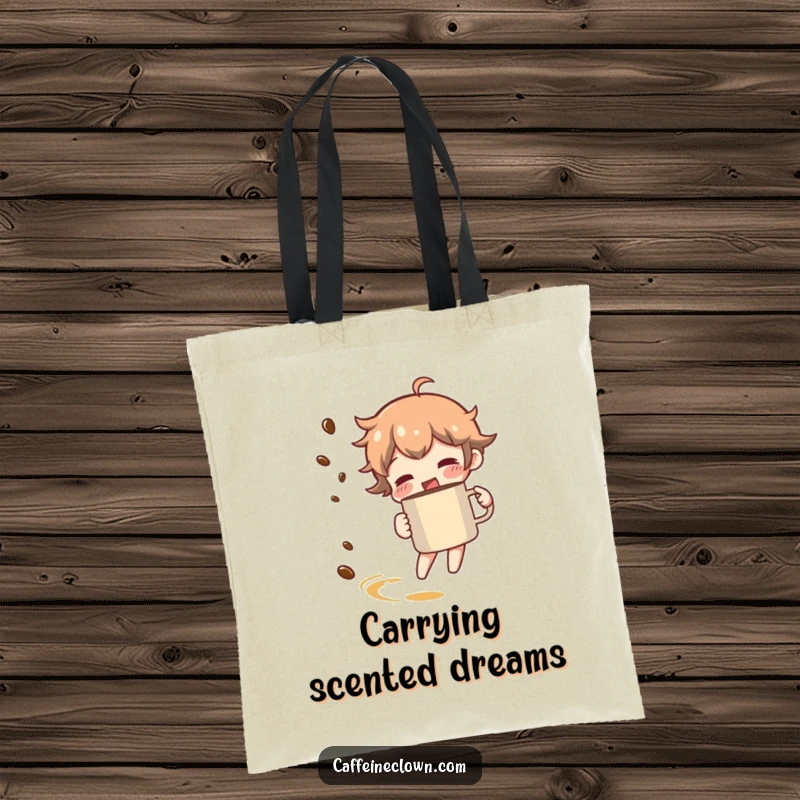 Funny tote bag with a character spinning with a coffee mug, leaving a trail of coffee aroma, perfect for coffee lovers.