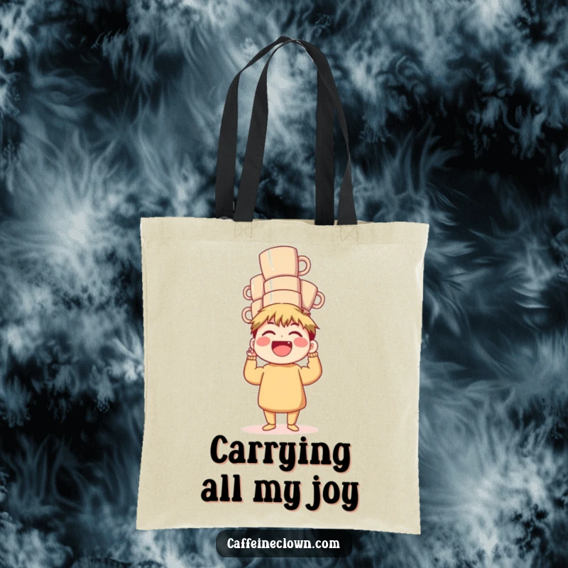Funny Tote Bag: A laughing character balances a precarious tower of coffee mugs, perfect for carrying essentials with humor.