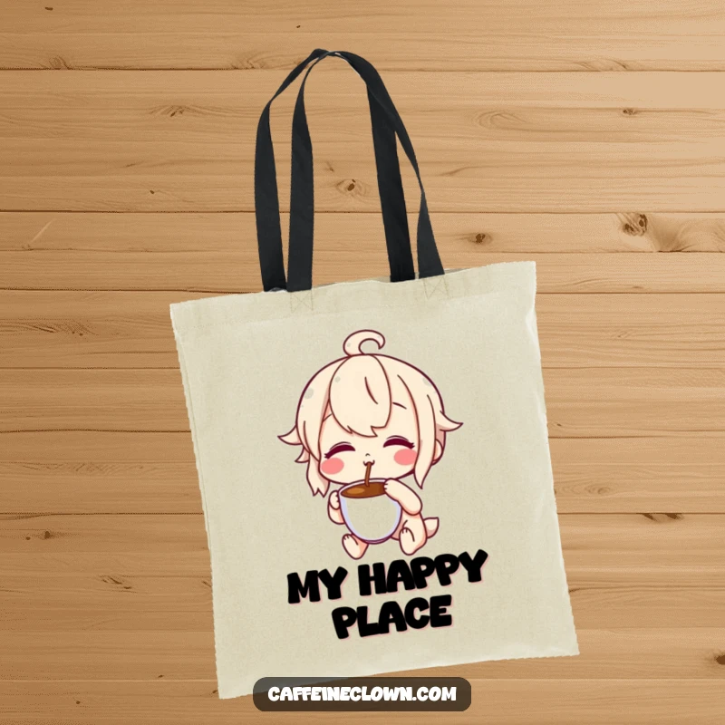 Funny tote bag with a character making a delighted, puckered face while tasting coffee, perfect for carrying coffee essentials with humor.