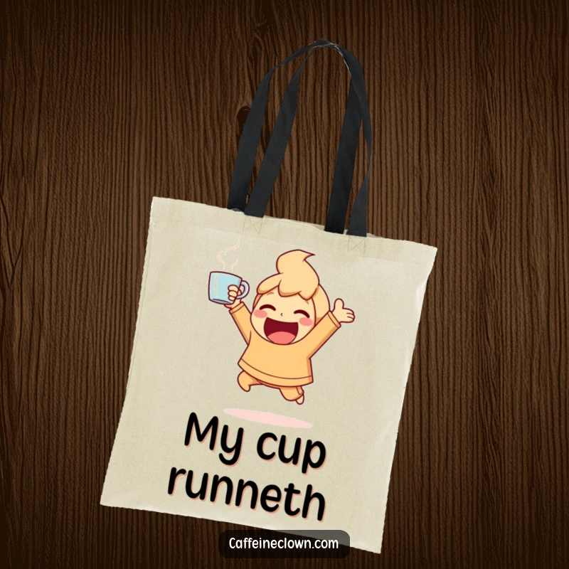 Funny Tote Bag showing an ecstatic character bouncing with energy, holding a steaming coffee cup aloft, for errands.