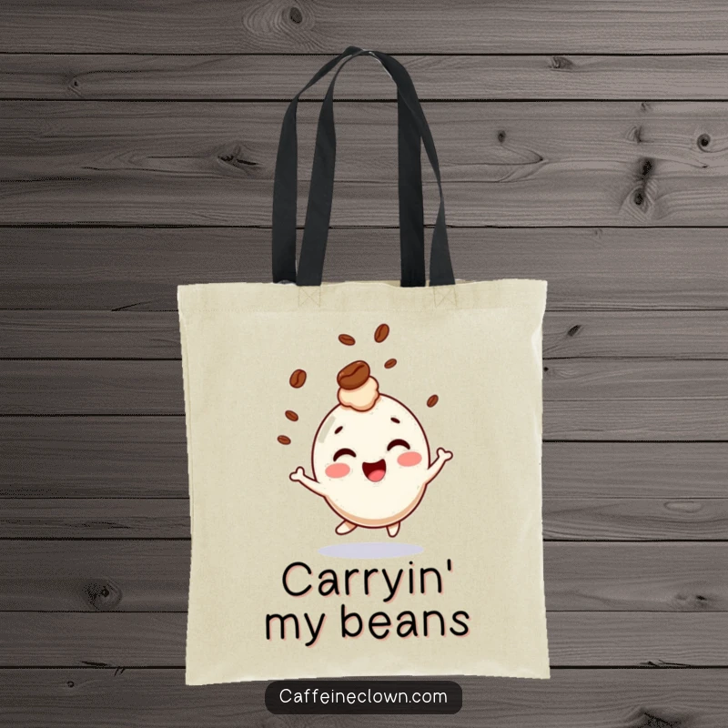 Funny tote bag featuring a giggling character bouncing with a coffee bean playfully bouncing on its head, ready for anything.