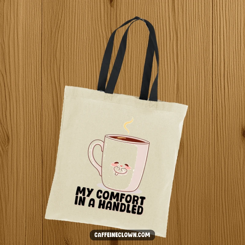 Funny tote bag featuring a sweet character hugging a giant, steaming coffee mug, perfect for carrying daily items with a cozy vibe.